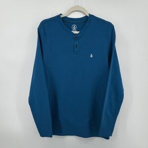 Volcom Waffle Knit Skater Surf Culture Causal Men's Teal Long Sleeve Henley SzL